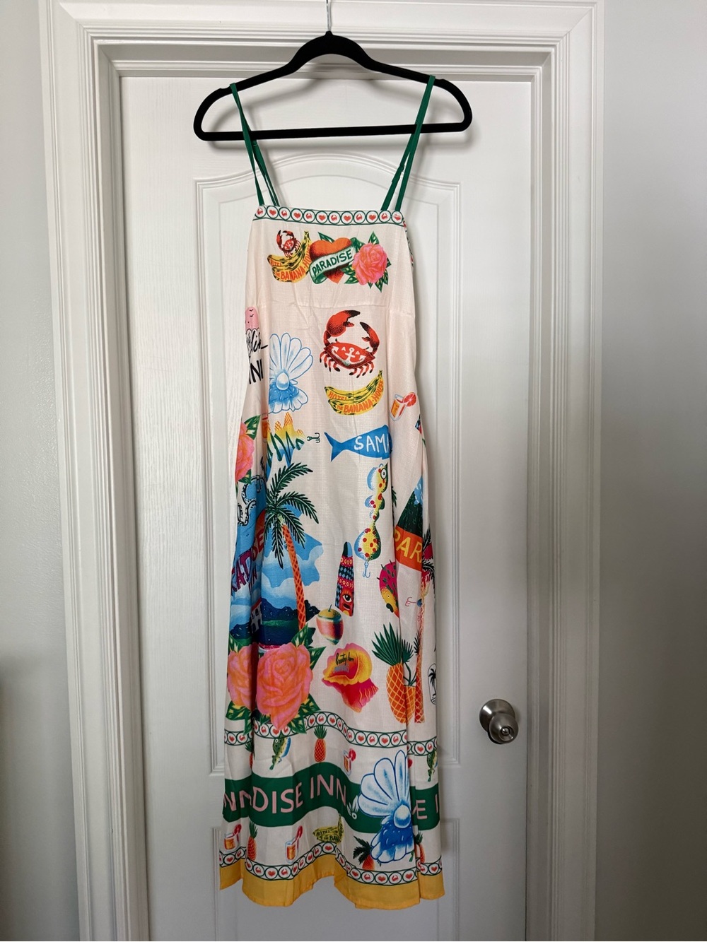 Anthropologie DUPE Maxi Dress with Green Straps and Multicolor Tropical Print